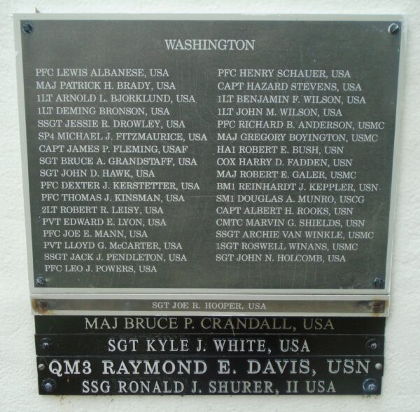 WASHINGTON MEDAL OF HONOR RECIPIENTS WAR MEMORIAL PLAQUE