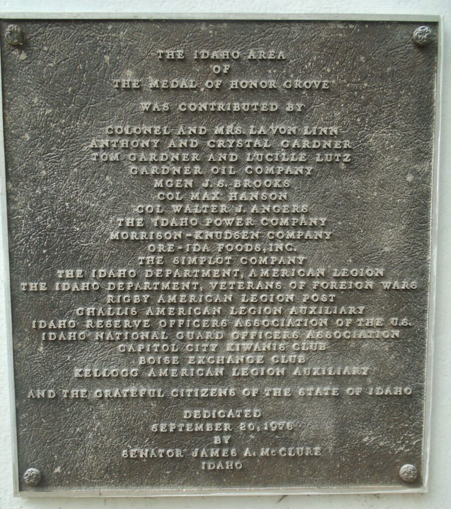 IDAHO MEDAL OF HONOR WAR MEMORIAL GROVE PLAQUE