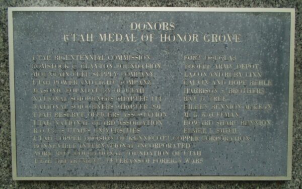 UTAH MEDAL OF HONOR WAR MEMORIAL GROVE PLAQUE