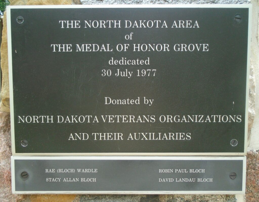 NORTH DAKOTA MEDAL OF HONOR WAR MEMORIAL GROVE PLAQUE