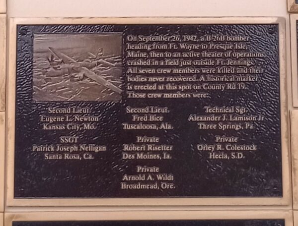SEPTEMBER 26, 1942 B-26B BOMBER CRASH MEMORIAL PLAQUE