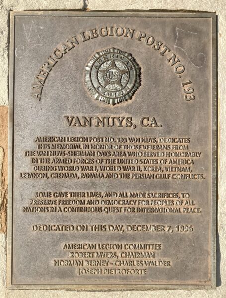 AMERICAN LEGION POST NO. 193 WAR VETERANS MEMORIAL PLAQUE