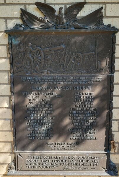 LADONIA BAPTIST CHURCH WORLD WAR I MEMORIAL PLAQUE