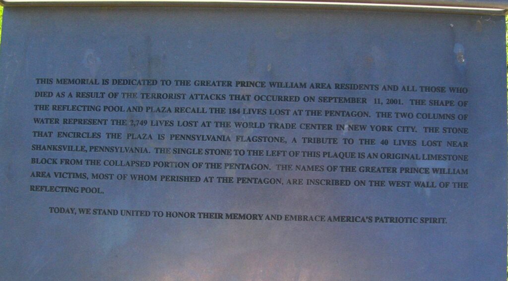 PRINCE WILLIAM COUNTY SEPTEMBER 11, 2001 MEMORIAL FOUNTAIN PLAQUE