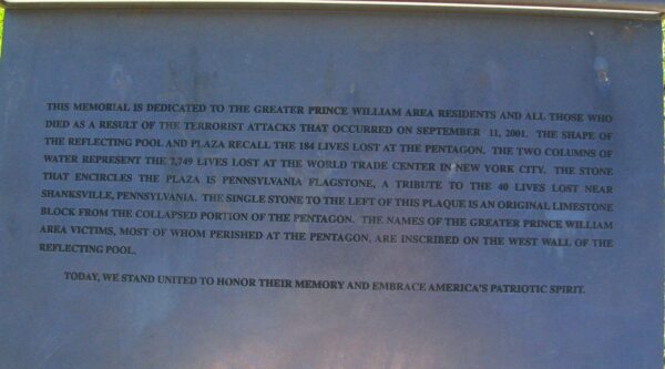 PRINCE WILLIAM COUNTY SEPTEMBER 11, 2001 MEMORIAL FOUNTAIN PLAQUE