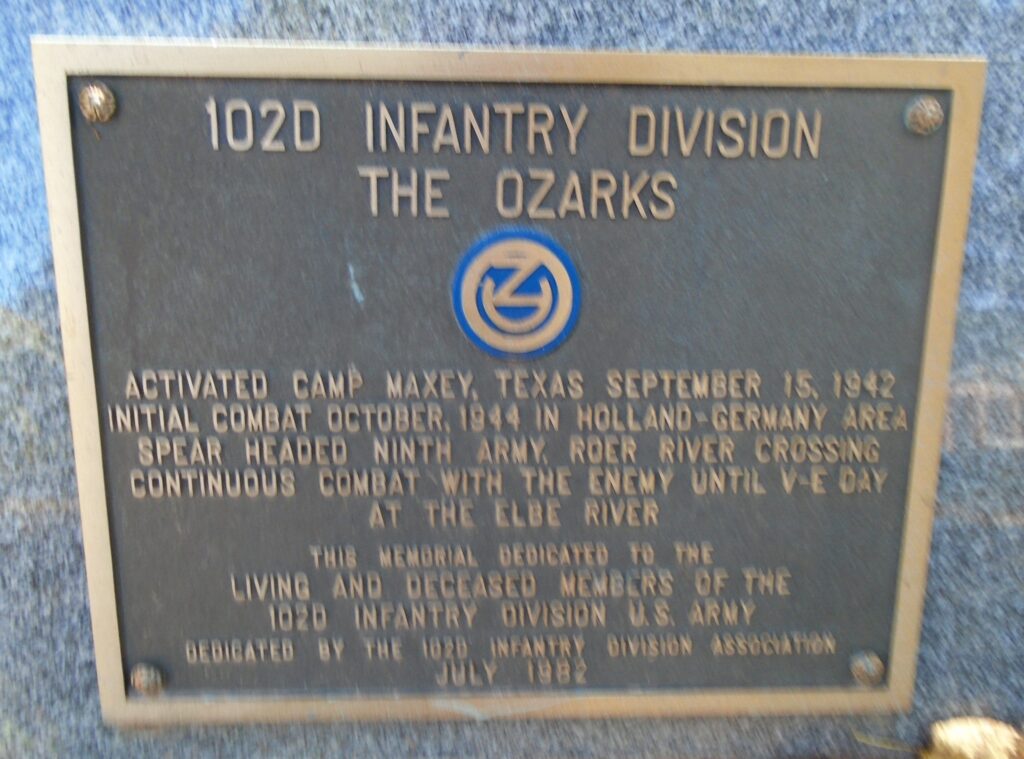 102D INFANTRY DIVISION THE OZARKS WAR MEMORIAL PLAQUE