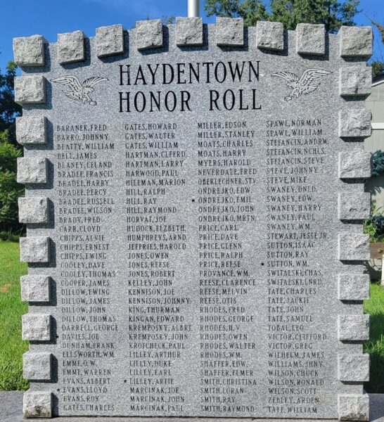 HYDEN TOWN HONOR ROLL WAR MEMORIAL