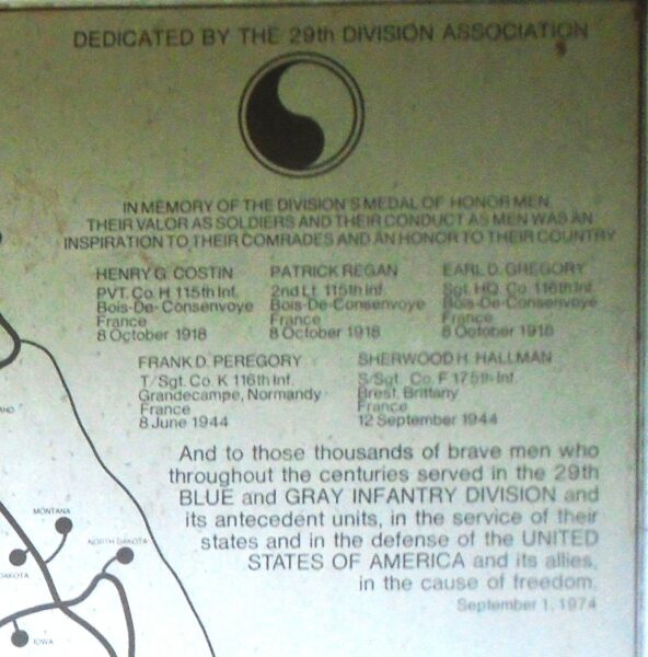 MEDAL OF HONOR GROVE 29TH INFANTRY MEDAL OF HONOR MEN MEMORIAL PLAQUE