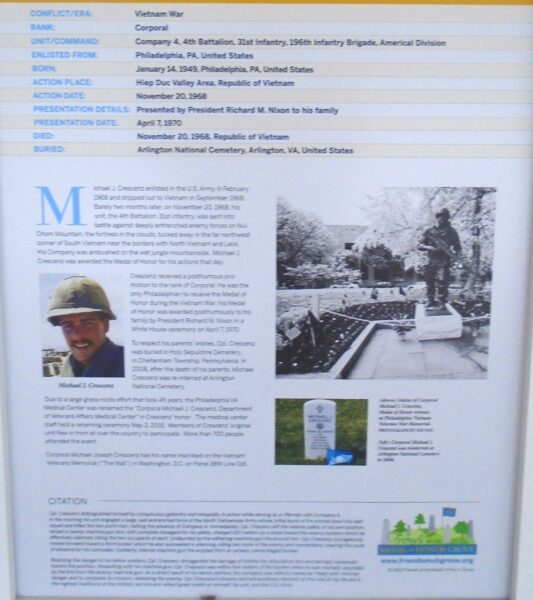 MICHAEL JOSEPH CRESCENZ MEDAL OF HONOR WAR MEMORIAL PLAQUE CLOSE-UP