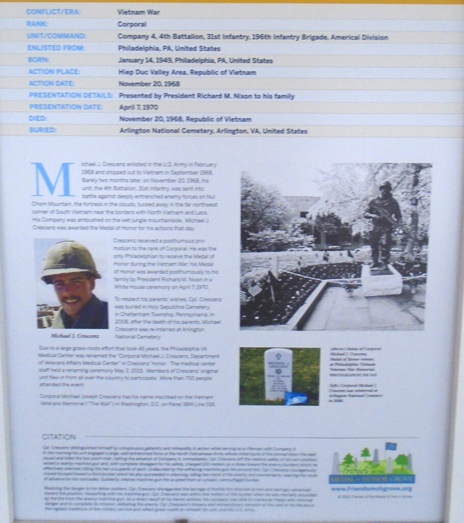 MICHAEL JOSEPH CRESCENZ MEDAL OF HONOR WAR MEMORIAL PLAQUE CLOSE-UP