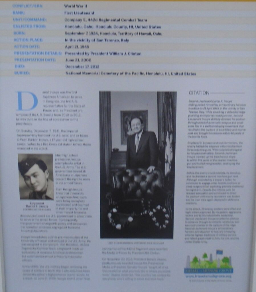 DANIEL KEN INOUYE MEDAL OF HONOR WAR MEMORIAL PLAQUE CLOSE-UP