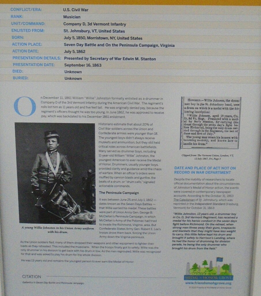 WILLIAM “WILLIE” JOHNSTON MEDAL OF HONOR WAR MEMORIAL PLAQUE CLOSE-UP