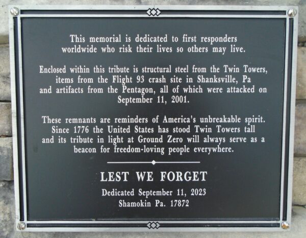 FIRST RESPONDERS SEPTEMBER 11, 2001 MEMORIAL PLAQUE