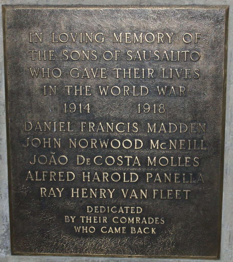 SONS OF SAUSALITO WORLD WAR MEMORIAL PLAQUE
