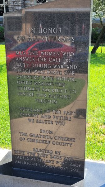 CHEROKEE COUNTY, TX VETERANS MEMORIAL LEFT STONE