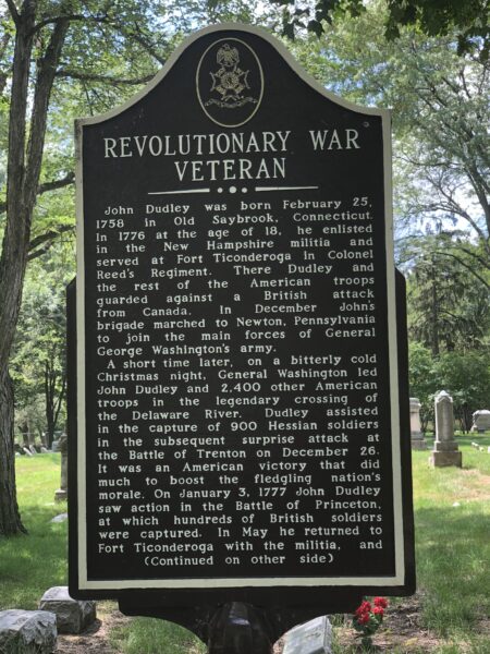 REVOLUTIONARY WAR VETERAN JOHN DUDLEY MEMORIAL MARKER FRONT