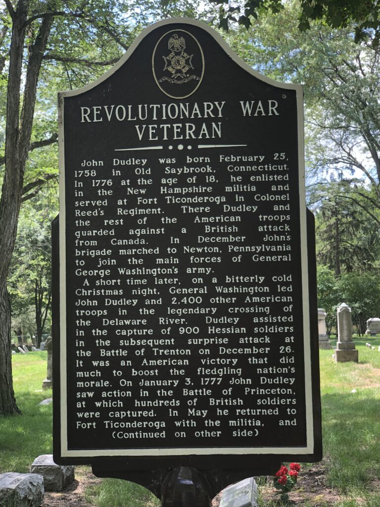 REVOLUTIONARY WAR VETERAN JOHN DUDLEY MEMORIAL MARKER FRONT