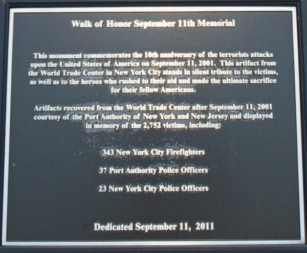 WALK OF HONOR SEPTEMBER 11TH MEMORIAL PLAQUE