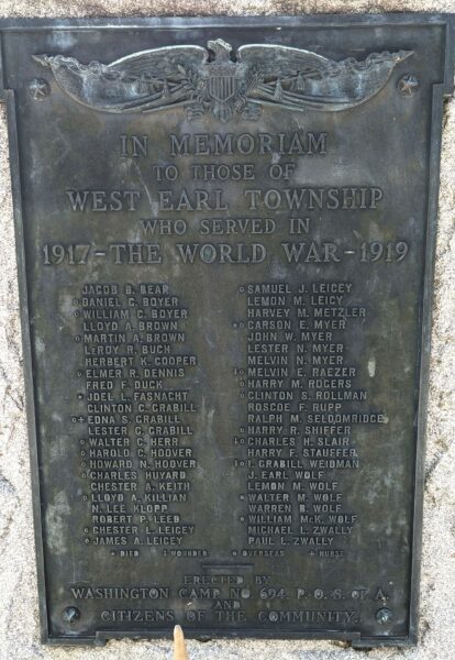 WEST EARL TOWNSHIP WORLD WAR MEMORIAL PLAQUE
