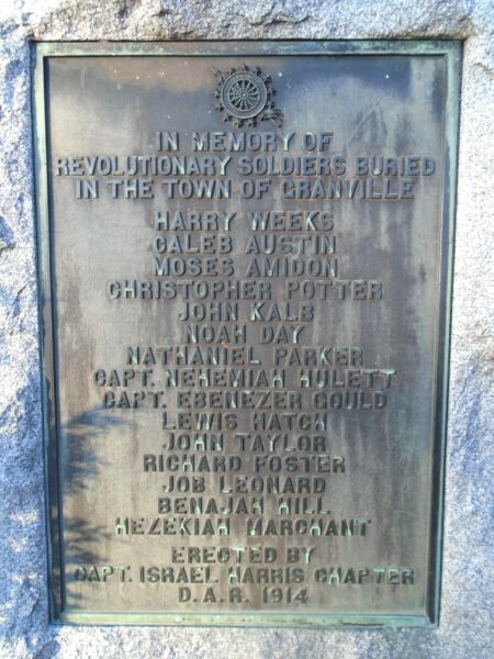 TOWN OF GRANVILLE REVOLUTIONARY SOLDIERS WAR MEMORIAL PLAQUE