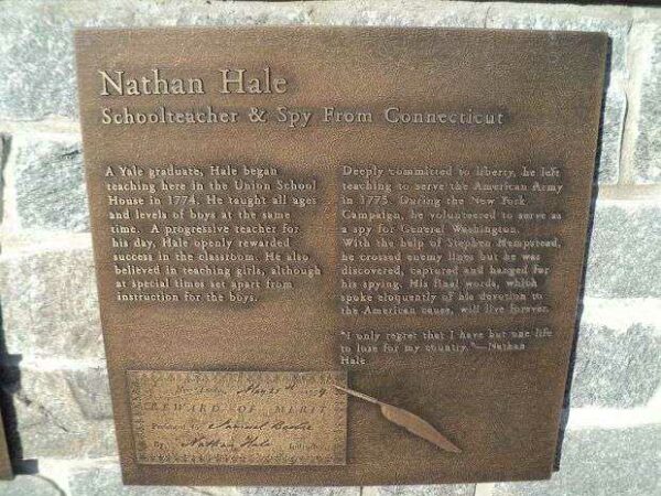 NATHAN HALE SCHOOL TEACHER & SPY MEMORIAL PLAQUE