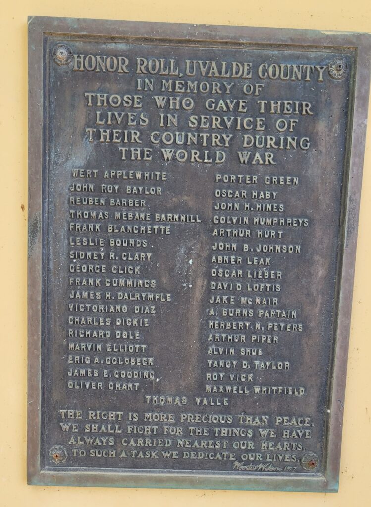 UVALDE COUNTY WORLD WAR MEMORIAL PLAQUE