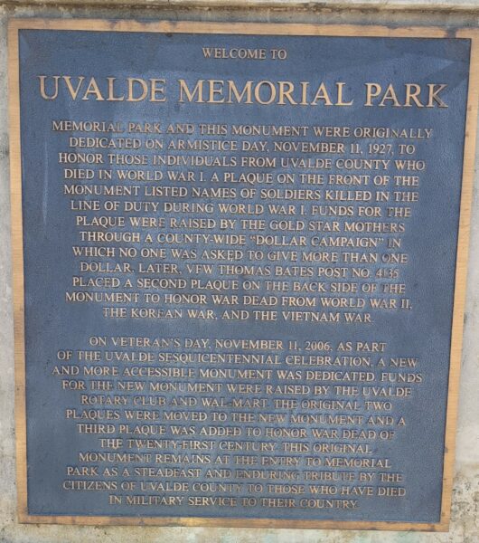 UVALDE MEMORIAL PARK PLAQUE