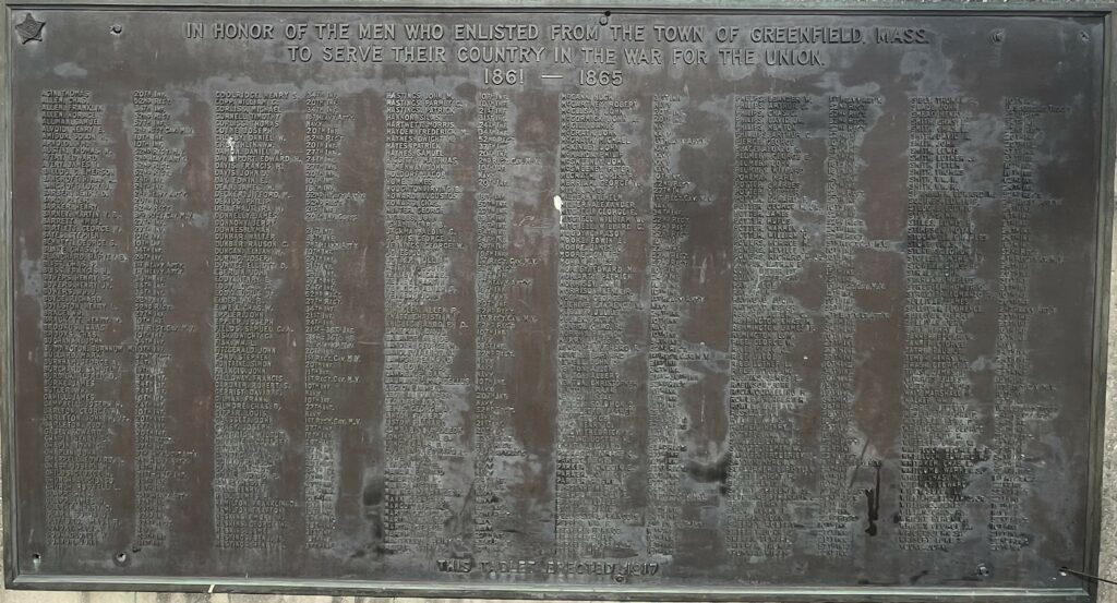 TOWN OF GREENFIELD, MASS. WAR FOR THE UNION MEMORIAL PLAQUE PLAQUE