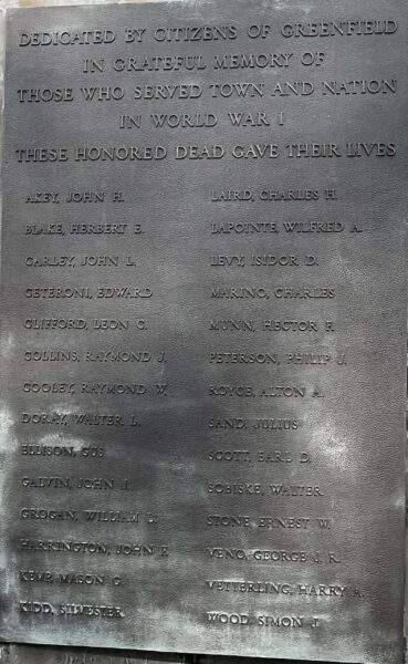 GREENFIELD WAR VETERANS MEMORIAL PLAQUE A