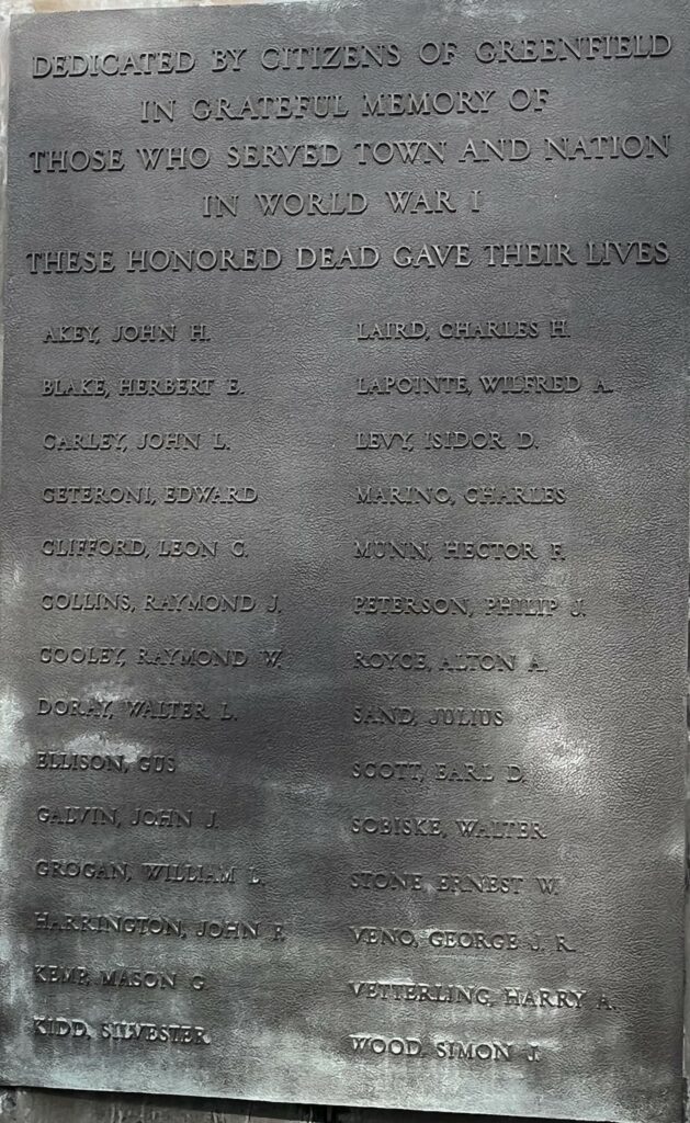 GREENFIELD WAR VETERANS MEMORIAL PLAQUE A