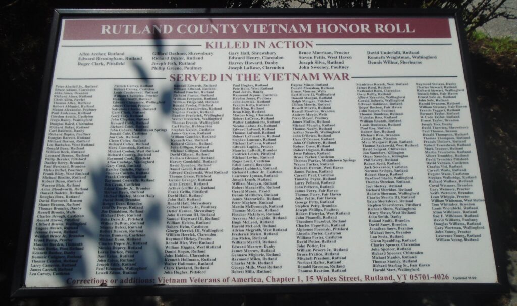 RUTLAND COUNTY VIETNAM HONOR ROLL PLAQUE