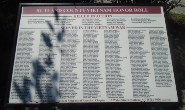 RUTLAND COUNTY VIETNAM HONOR ROLL PLAQUE