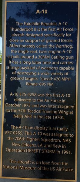 A-10 WAR MEMORIAL AIRCRAFT PLAQUE