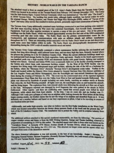 HISTORY-WORLD WAR II ON THE TARZANA RANCH MEMORIAL PLAQUE