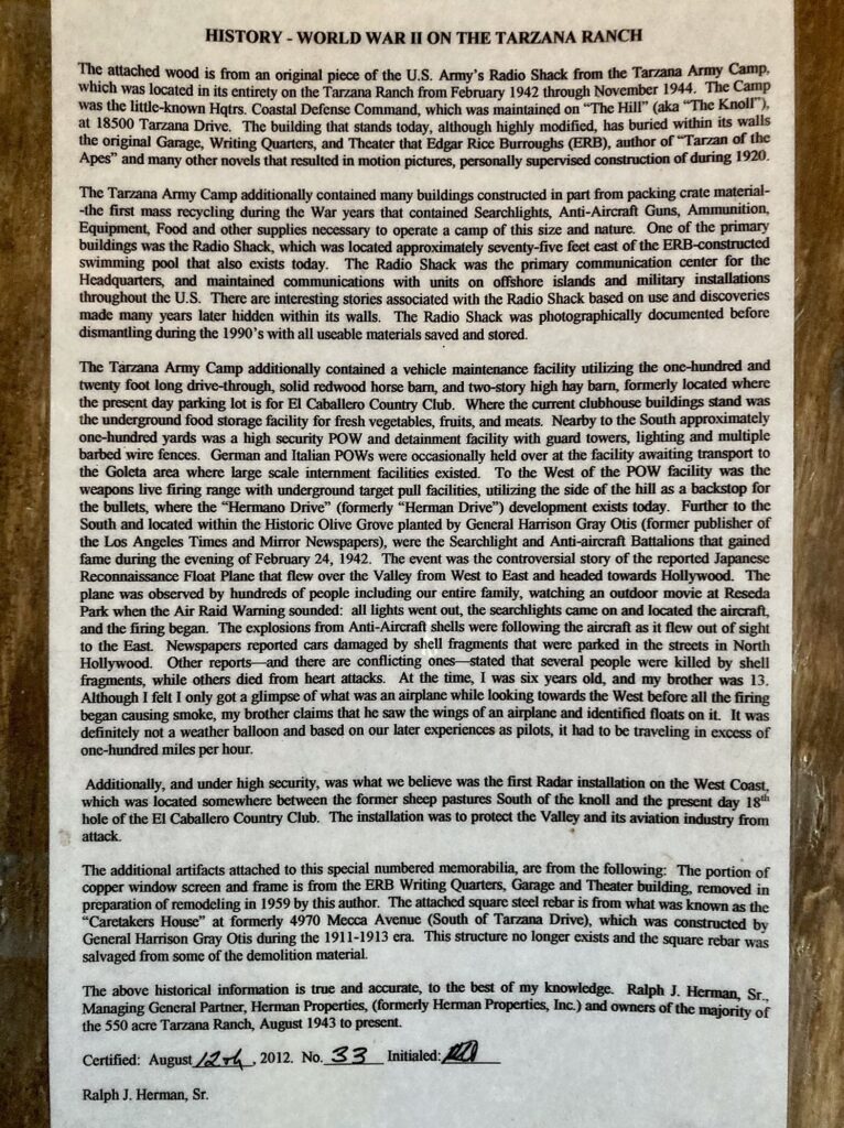 HISTORY-WORLD WAR II ON THE TARZANA RANCH MEMORIAL PLAQUE