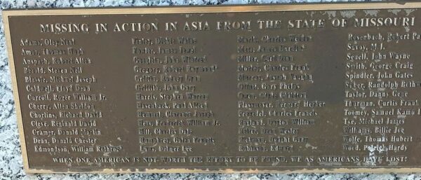MISSING IN ACTION IN ASIA FROM THE STATE OF MISSOURI MEMORIAL PLAQUE