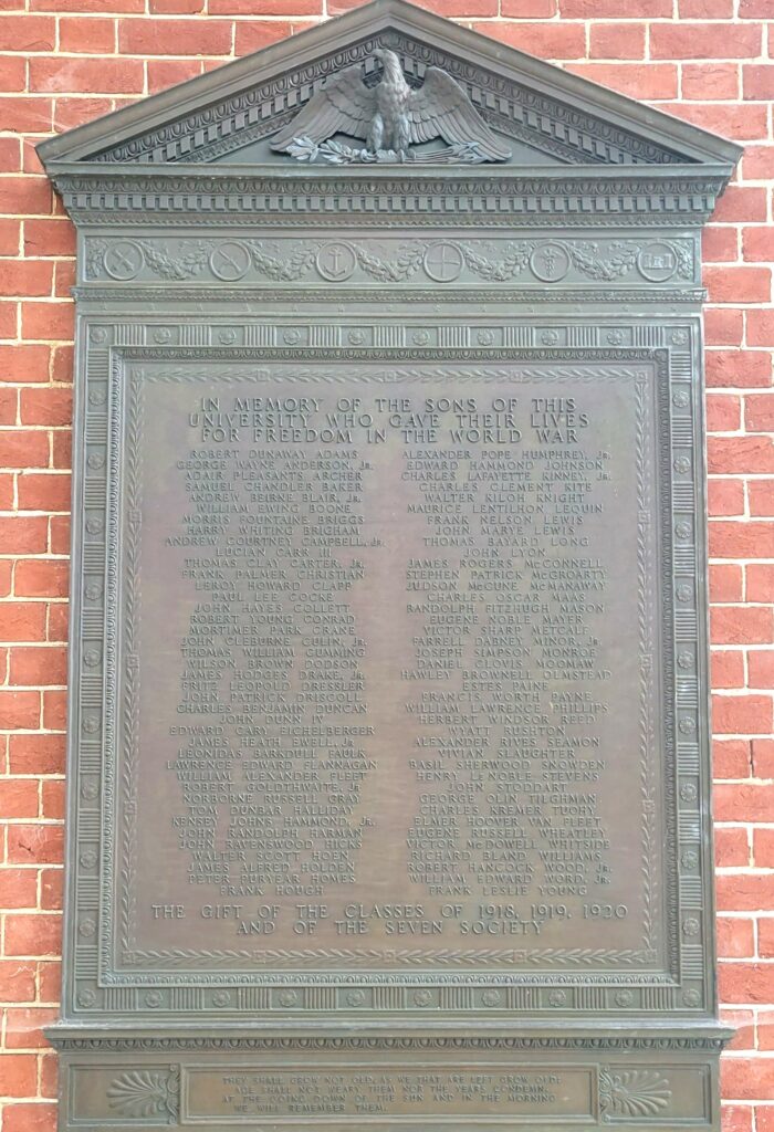 UNIVERSITY OF VIRGINIA WORLD WAR MEMORIAL PLAQUE