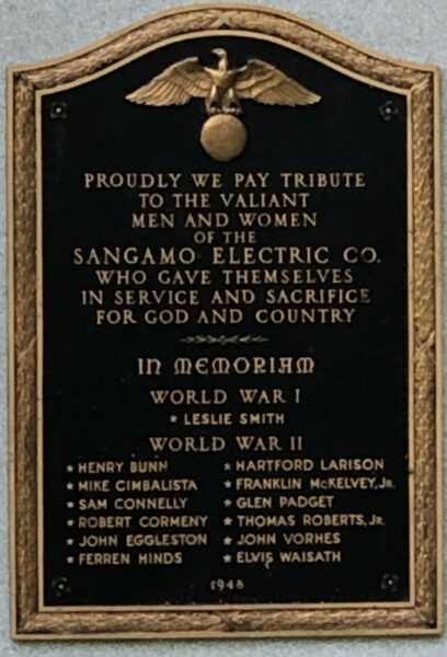 SANGAMO ELECTRIC CO. WAR MEMORIAL PLAQUE