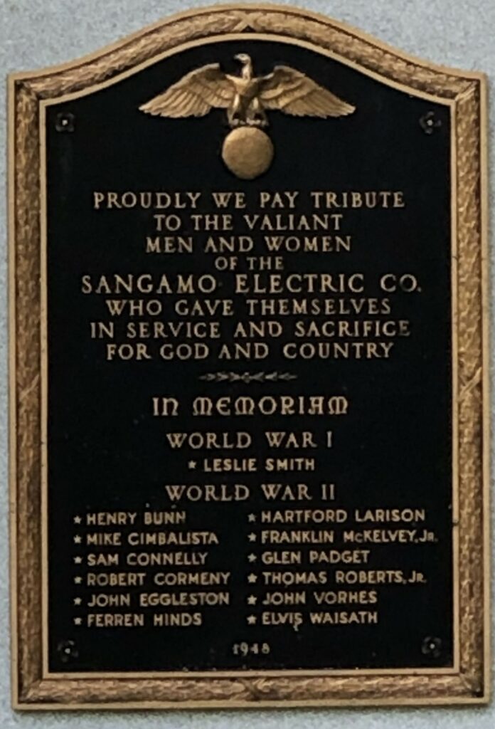 SANGAMO ELECTRIC CO. WAR MEMORIAL PLAQUE