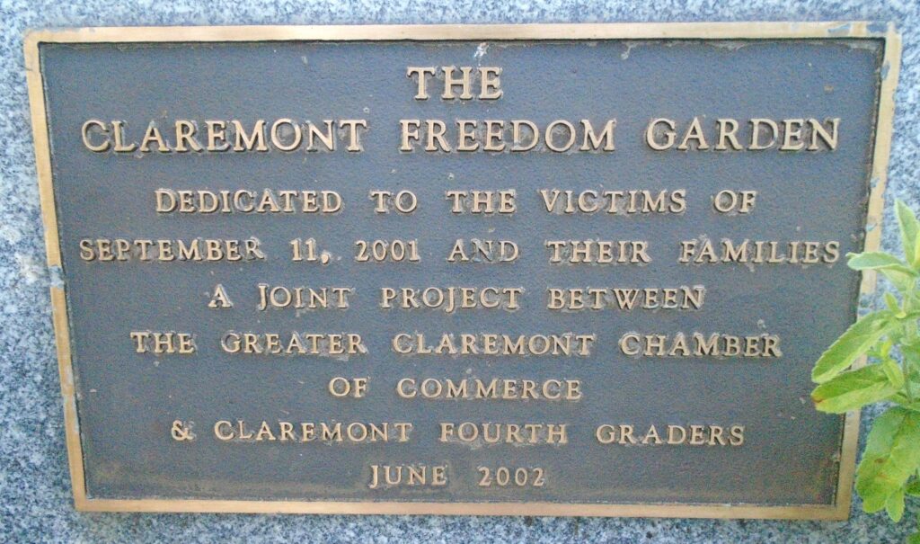 THE CLAREMONT FREEDOM GARDEN MEMORIAL PLAQUE