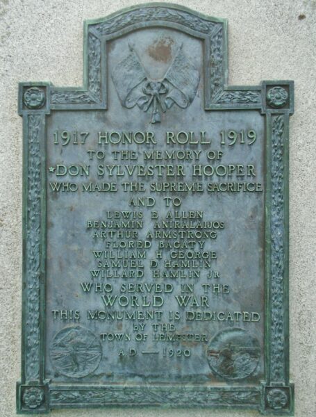 TOWN OF LEMPSTER WORLD WAR HONOR ROLL MEMORIAL PLAQUE