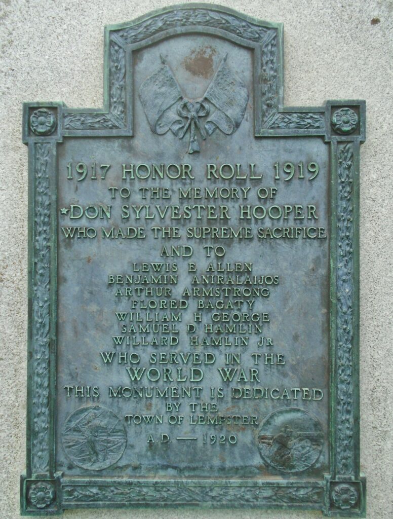 TOWN OF LEMPSTER WORLD WAR HONOR ROLL MEMORIAL PLAQUE