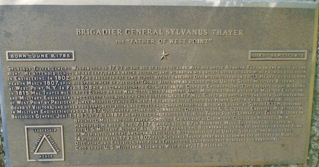 BRIGADIER GENERAL SYLVANUS THAYER MEMORIAL PLAQUE