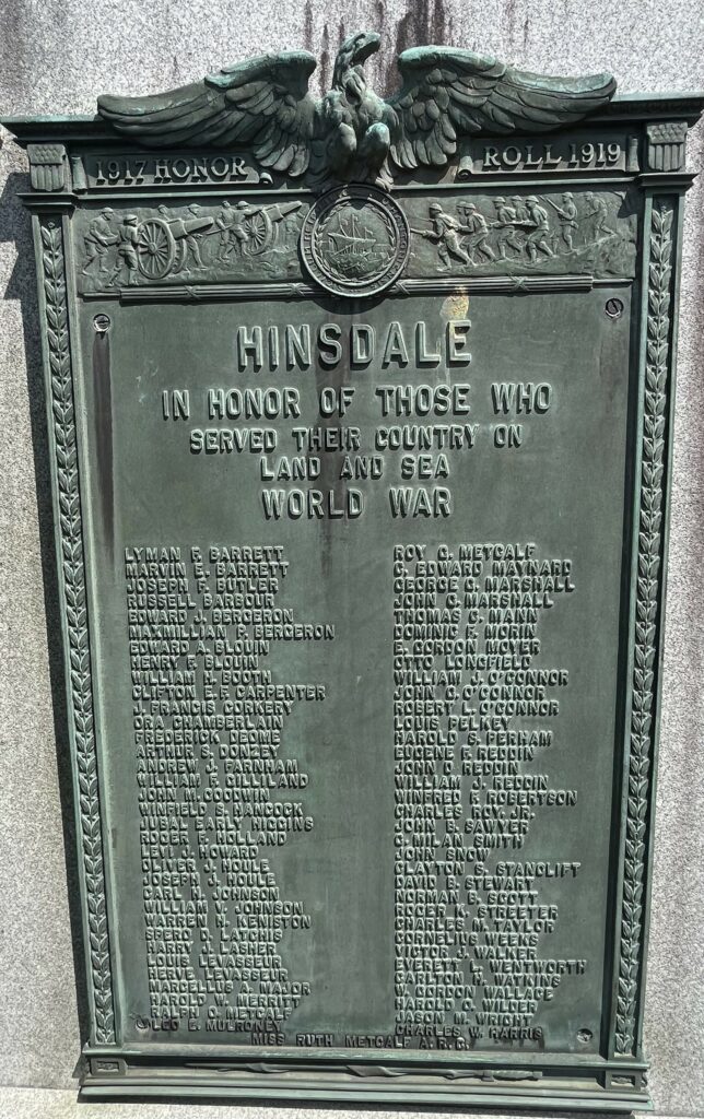 HINSDALE WORLD WAR HONOR ROLL MEMORIAL PLAQUE