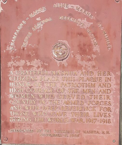 NASHUA AND HER CITIZENS WORLD WAR MEMORIAL FLAGPOLE PLAQUE