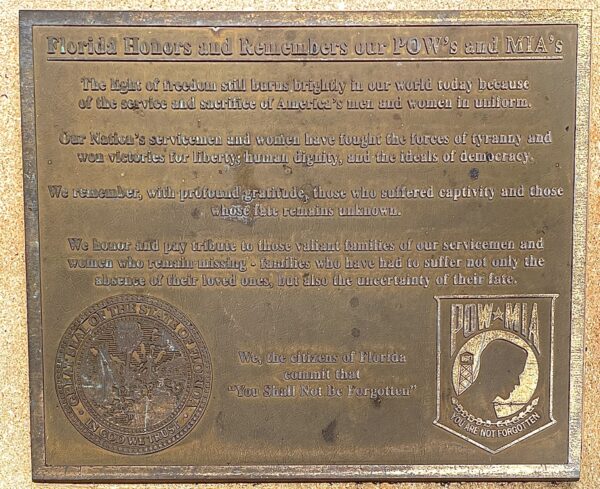 FLORIDA HONORS AND REMEMBERS OUR POW’S AND MIA’S MEMORIAL PLAQUE PERRY