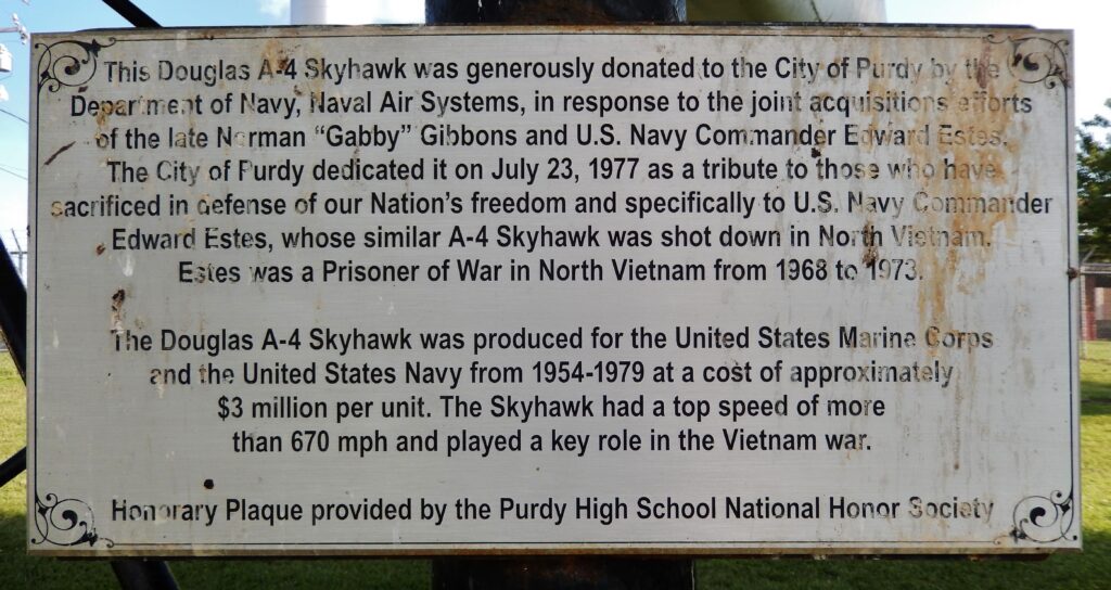 CITY OF PURDY DOUGLAS A-4 SKYHAWK MEMORIAL AIRCRAFT PLAQUE