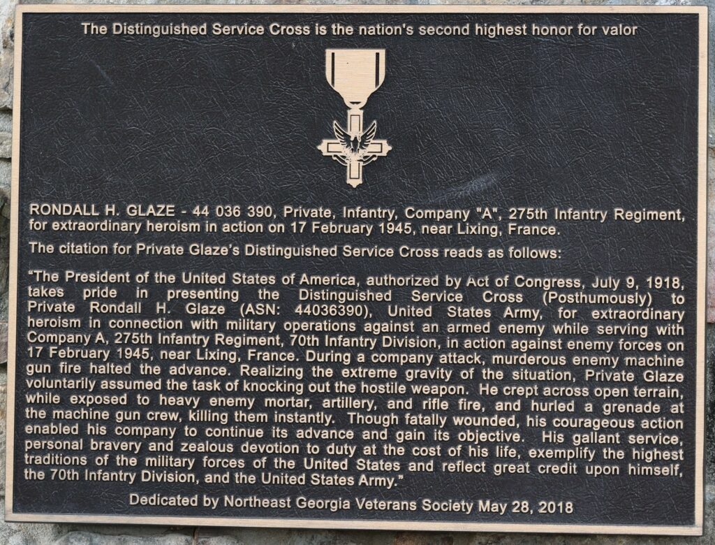 RONALD H. GLAZE DISTINGUISHED SERVICE CROSS WAR MEMORIAL PLAQUE A