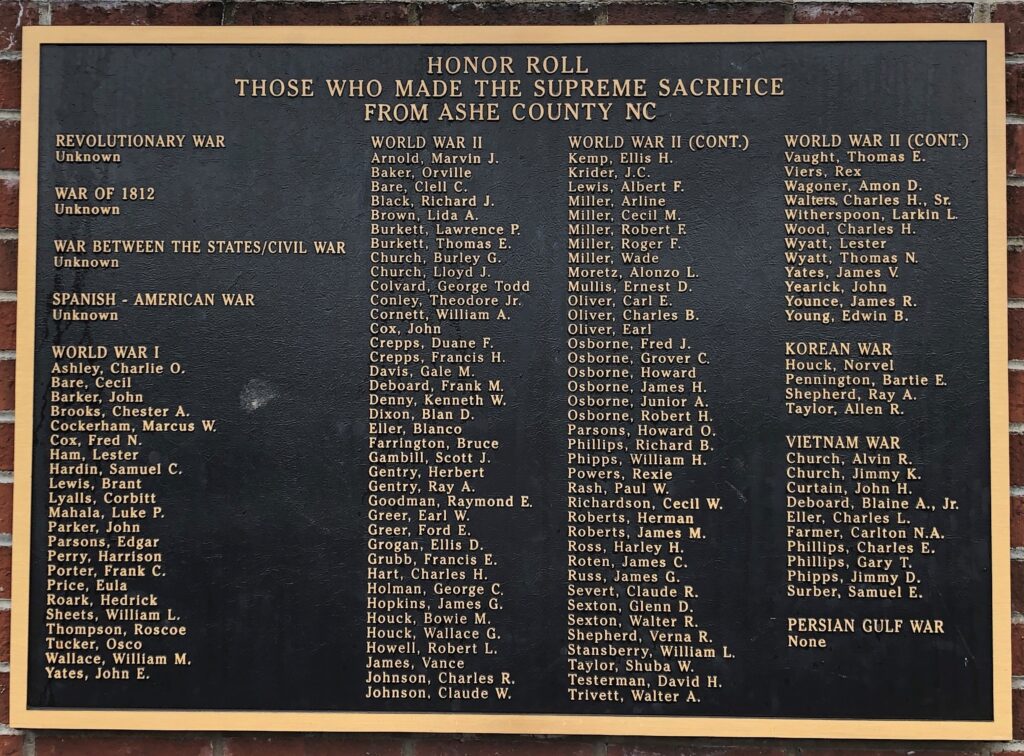 ASHE COUNTY ALL WARS VETERANS MEMORIAL PLAQUE J