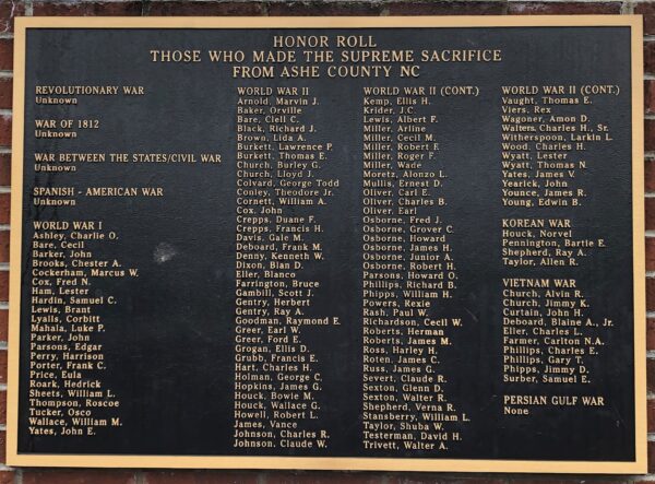 ASHE COUNTY ALL WARS VETERANS MEMORIAL PLAQUE J